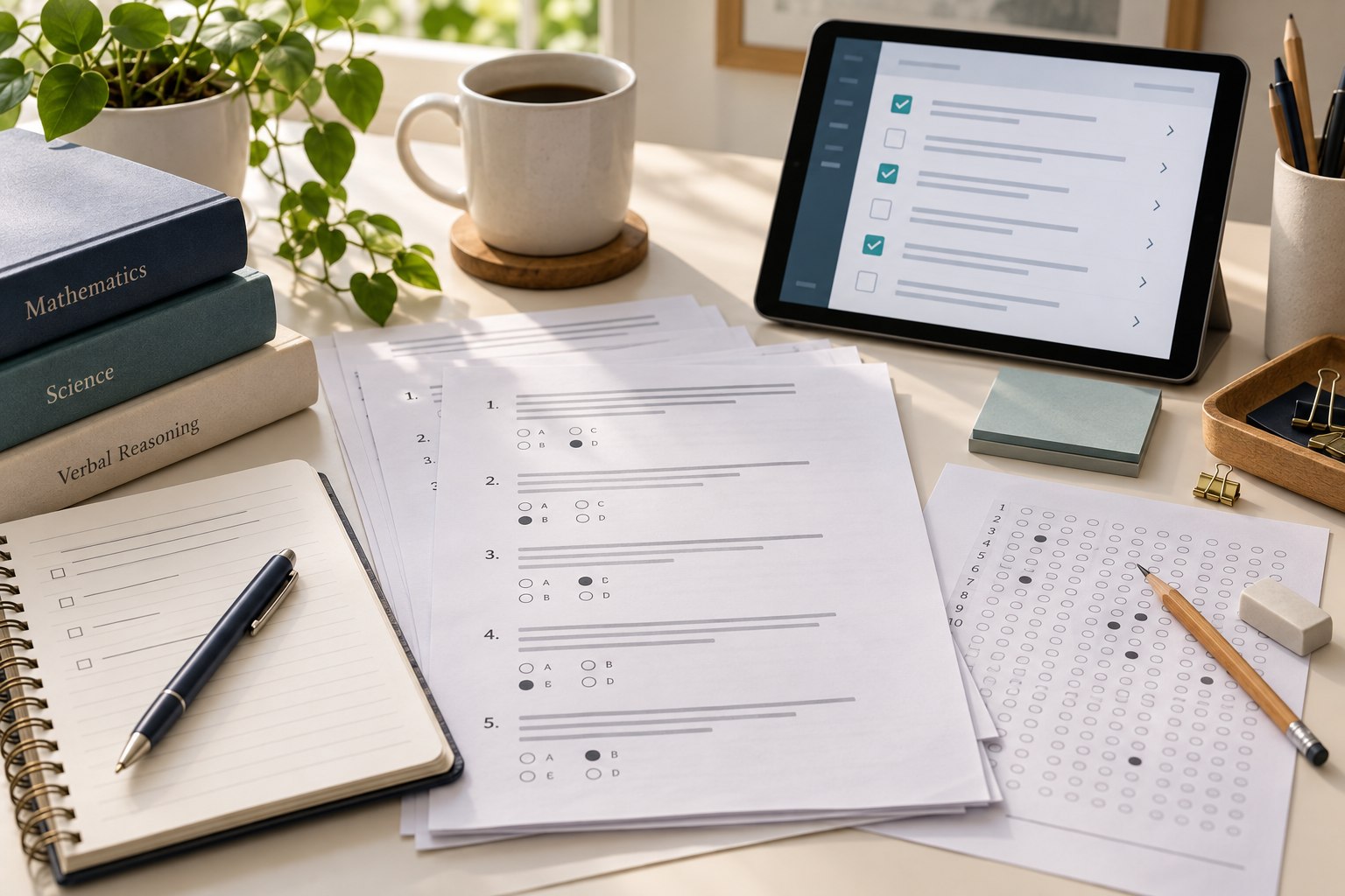 Question papers, an answer sheet and a digital question bank workspace